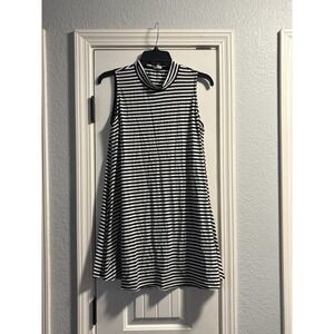 POL Women's Striped Sleeveless Tunic Top Dress Size Medium Black White Mock Neck